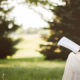 Vrouw leest bijbel in de natuur